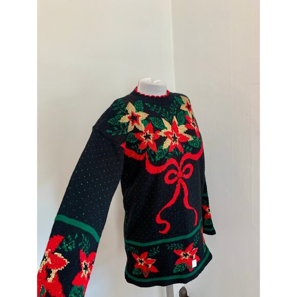 VTG Dana Scott VTG NEW Ugly Christmas Sweater Long Poinsettia Glitter 90s Tunic - Picture 7 of 11